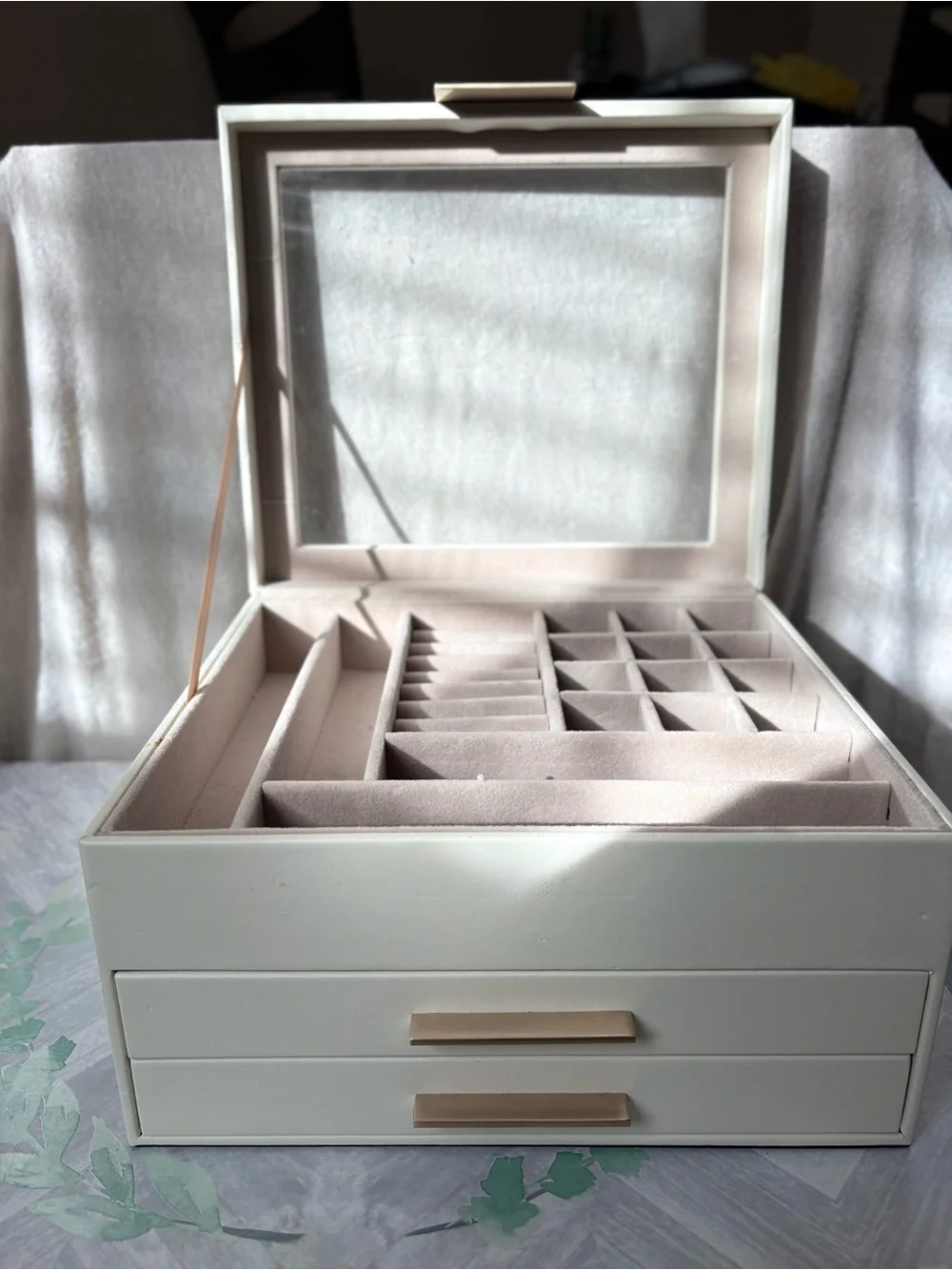 SONGMICS beige  Glass Top Jewelry Box Organizer 2 Drawers Gold Hardware